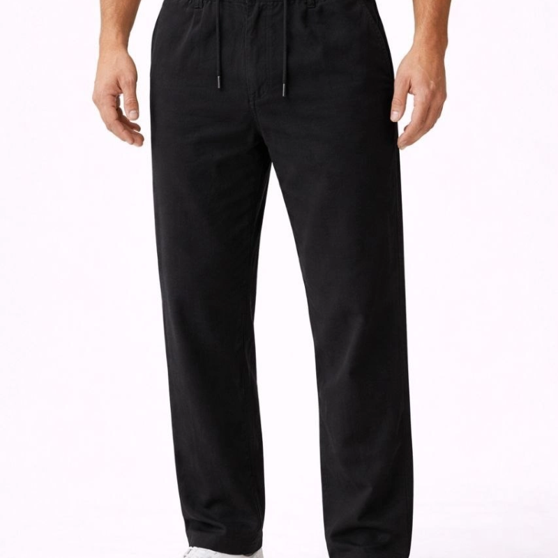 Erkek Keten Cepli Pantolon Lastikli Bel Bağcıklı Önden Fermuarlı - Siyah