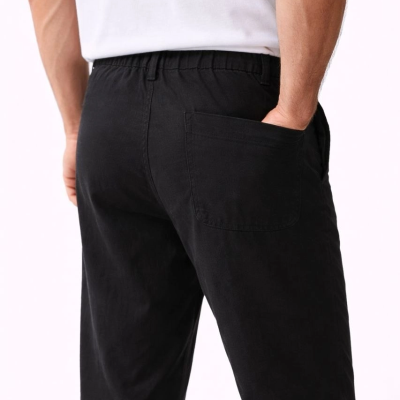 Erkek Keten Cepli Pantolon Lastikli Bel Bağcıklı Önden Fermuarlı - Siyah
