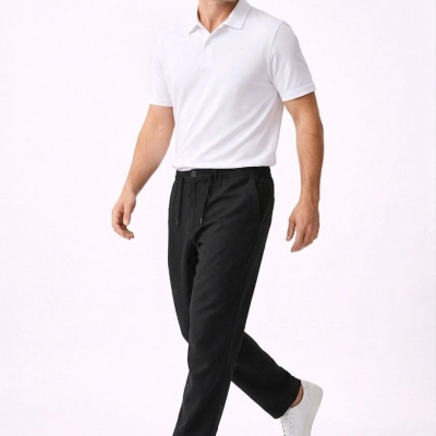 Erkek Keten Cepli Pantolon Lastikli Bel Bağcıklı Önden Fermuarlı - Siyah