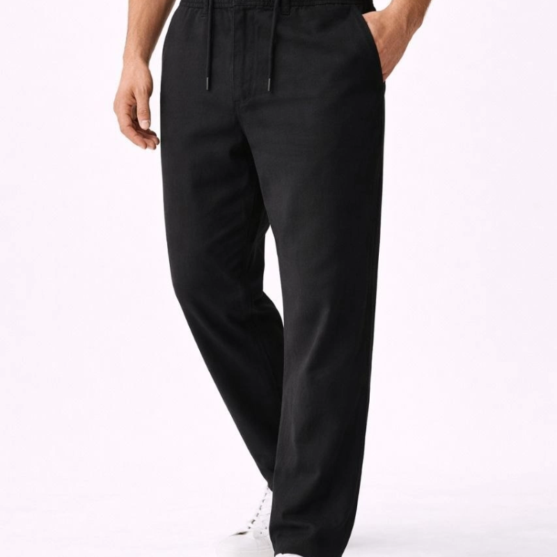 Erkek Keten Cepli Pantolon Lastikli Bel Bağcıklı Önden Fermuarlı - Siyah