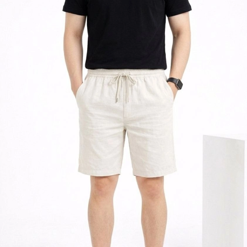 Erkek Keten Kumaş Cepli Rahat Kesim Bel Lastikli Şort - Beyaz