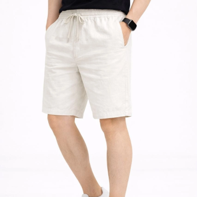 Erkek Keten Kumaş Cepli Rahat Kesim Bel Lastikli Şort - Beyaz