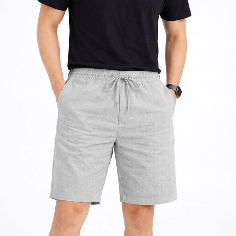 Erkek Keten Kumaş Cepli Rahat Kesim Bel Lastikli Şort - Gri