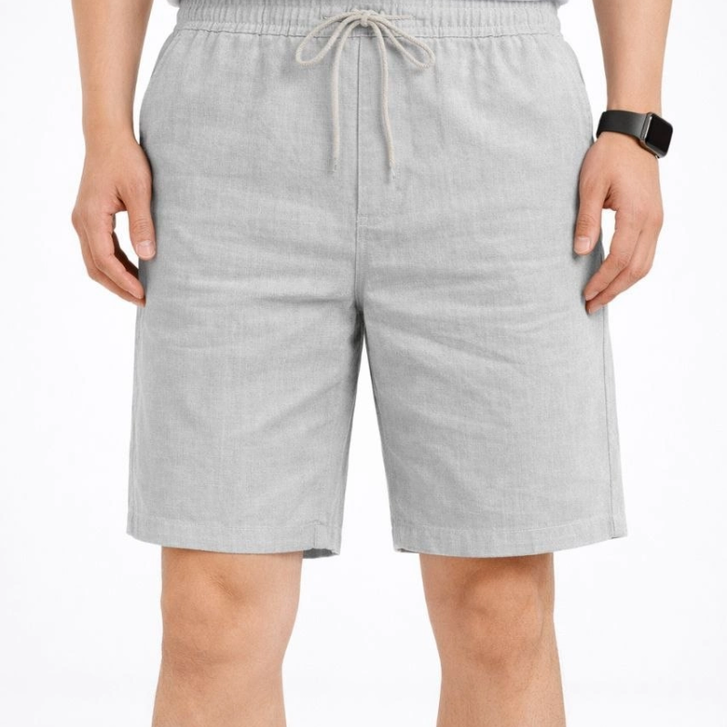 Erkek Keten Kumaş Cepli Rahat Kesim Bel Lastikli Şort - Gri