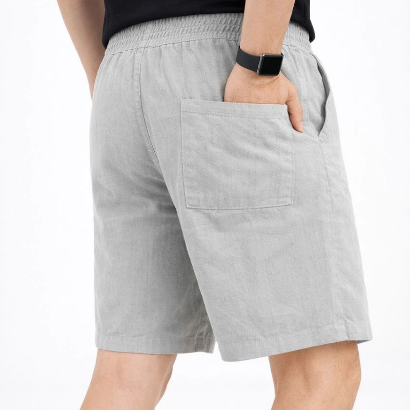 Erkek Keten Kumaş Cepli Rahat Kesim Bel Lastikli Şort - Gri