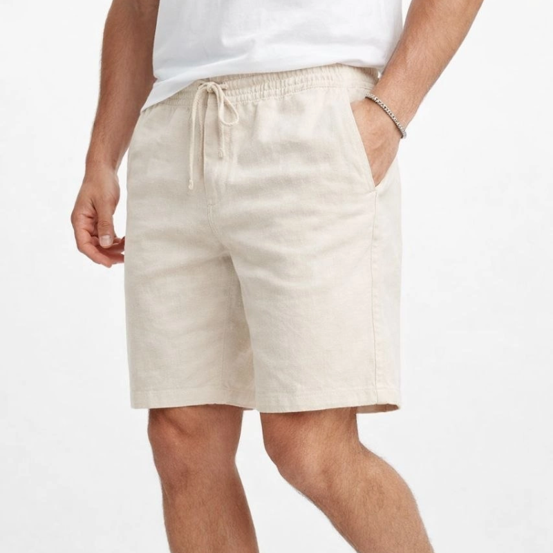 Erkek Keten Kumaş Cepli Rahat Kesim Bel Lastikli Şort - Krem