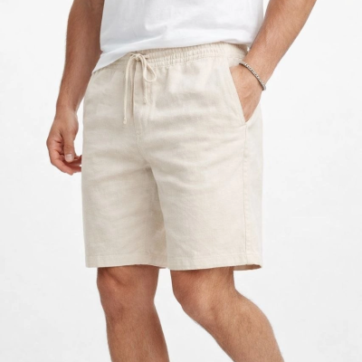 Erkek Keten Kumaş Cepli Rahat Kesim Bel Lastikli Şort - Krem