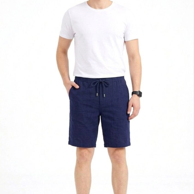 Erkek Keten Kumaş Cepli Rahat Kesim Bel Lastikli Şort - Lacivert