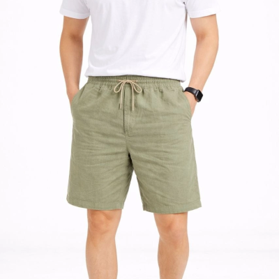 Erkek Keten Kumaş Cepli Rahat Kesim Bel Lastikli Şort - Mint Yeşili