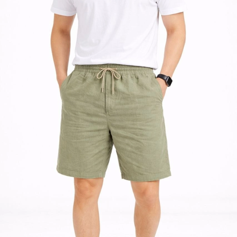 Erkek Keten Kumaş Cepli Rahat Kesim Bel Lastikli Şort - Mint Yeşili