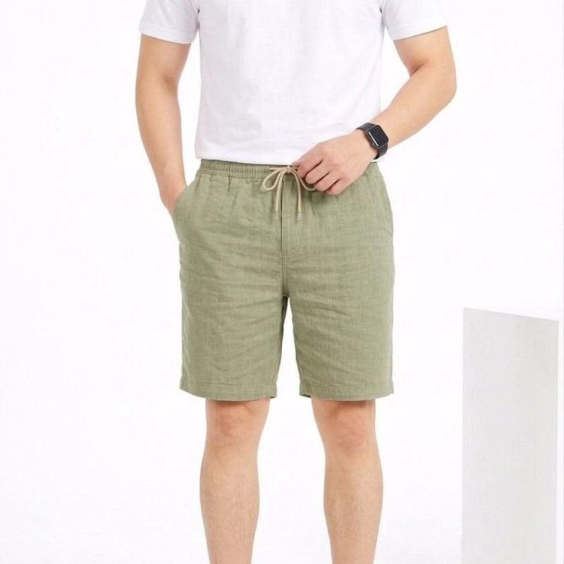 Erkek Keten Kumaş Cepli Rahat Kesim Bel Lastikli Şort - Mint Yeşili