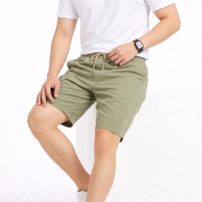 Erkek Keten Kumaş Cepli Rahat Kesim Bel Lastikli Şort - Mint Yeşili