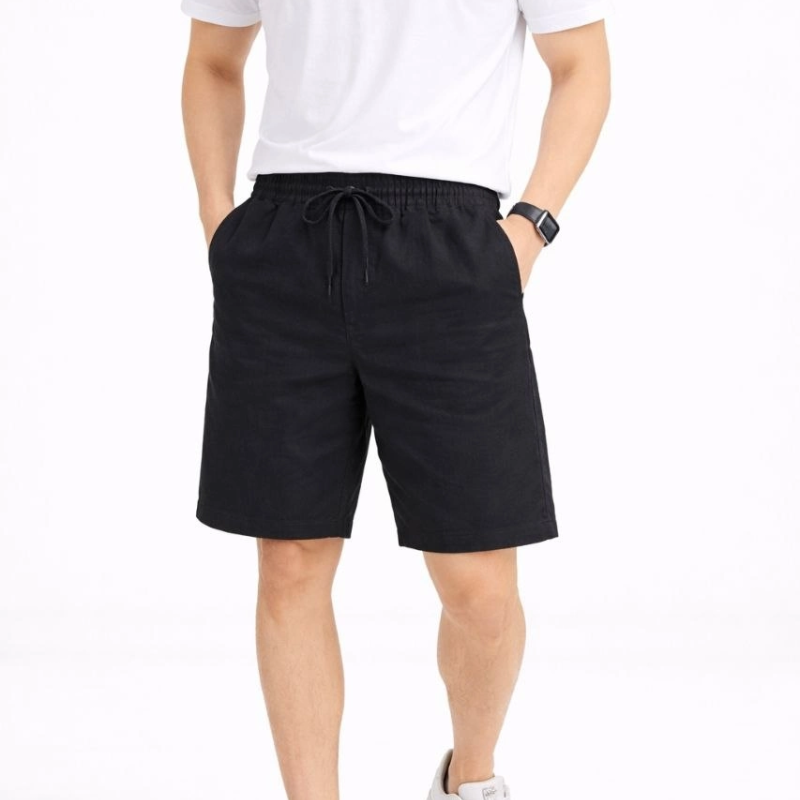 Erkek Keten Kumaş Cepli Rahat Kesim Bel Lastikli Şort - Siyah