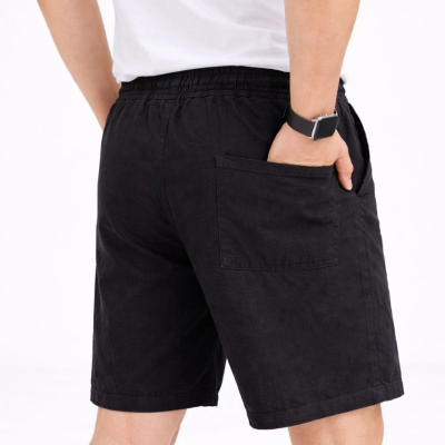 Erkek Keten Kumaş Cepli Rahat Kesim Bel Lastikli Şort - Siyah