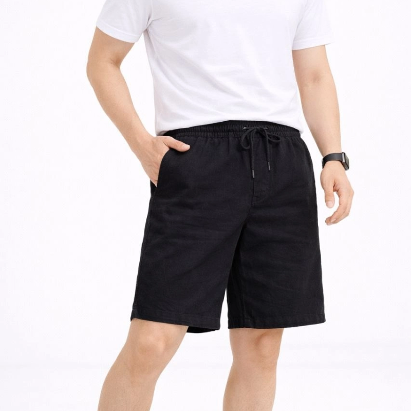 Erkek Keten Kumaş Cepli Rahat Kesim Bel Lastikli Şort - Siyah