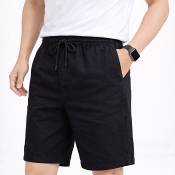 Erkek Keten Kumaş Cepli Rahat Kesim Bel Lastikli Şort - Siyah
