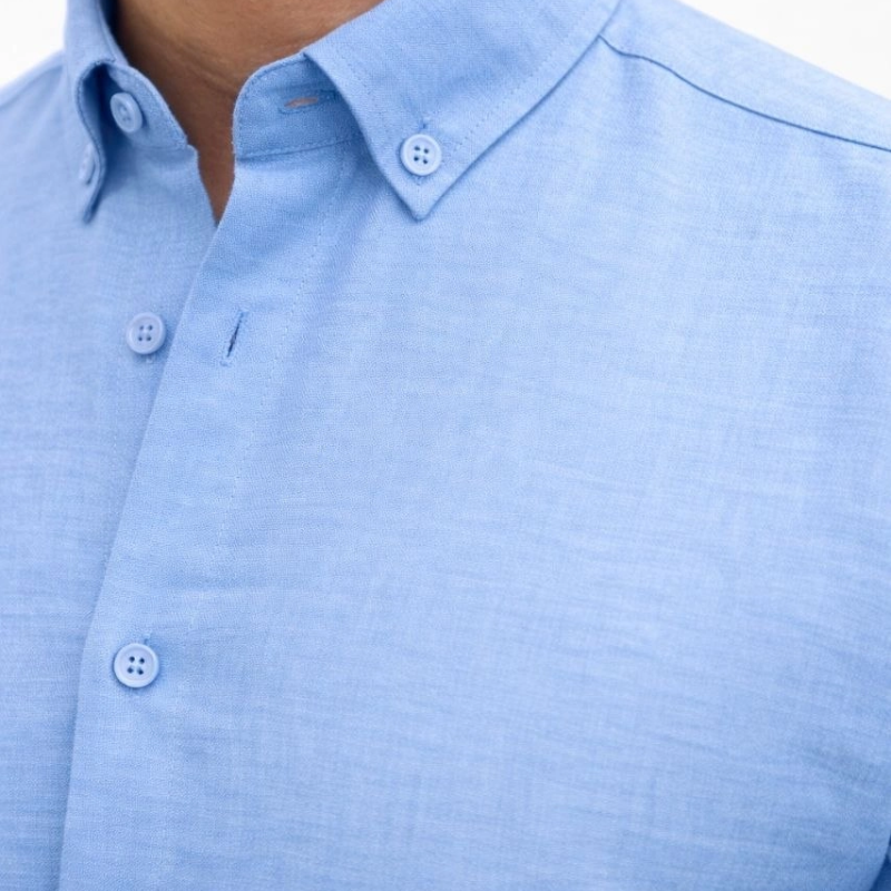 Erkek KETEN Kumaş Oversize Uzun Kollu Rahat Kalıp Gömlek - Açık Mavi