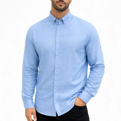 Erkek KETEN Kumaş Oversize Uzun Kollu Rahat Kalıp Gömlek - Açık Mavi