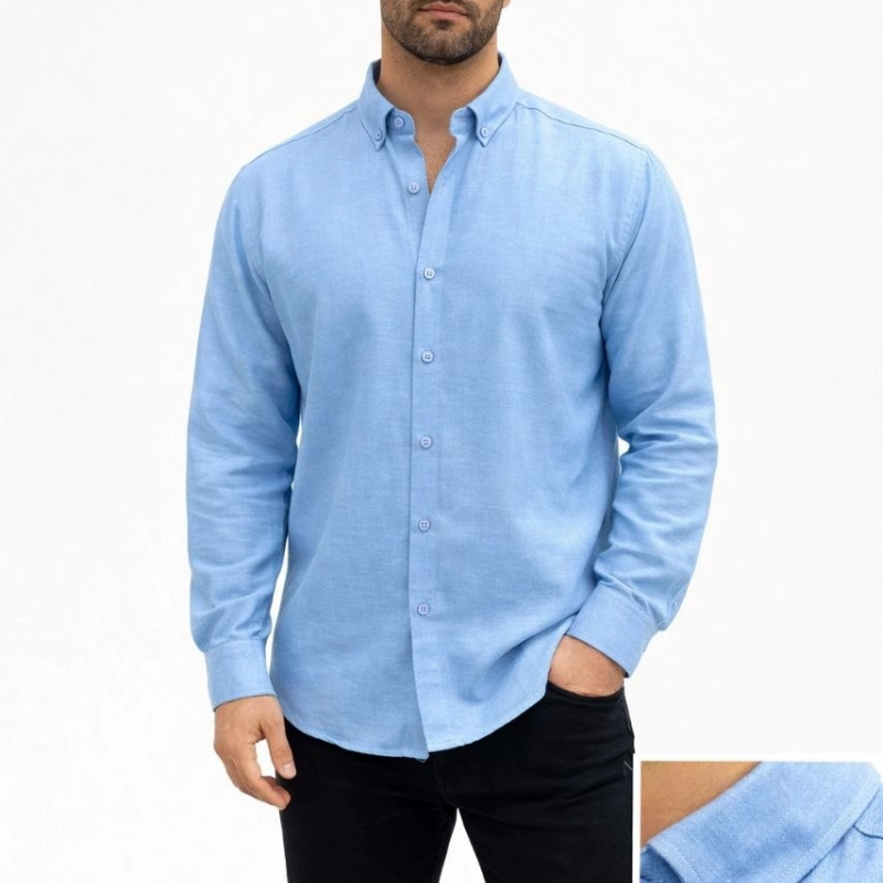 Erkek KETEN Kumaş Oversize Uzun Kollu Rahat Kalıp Gömlek - Açık Mavi