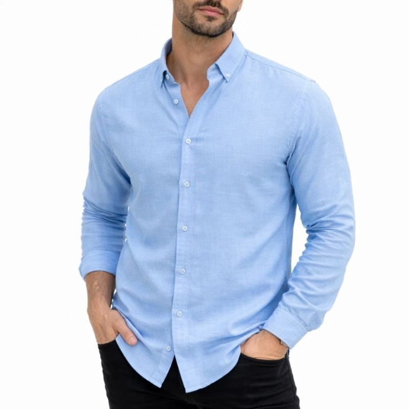 Erkek KETEN Kumaş Oversize Uzun Kollu Rahat Kalıp Gömlek - Açık Mavi