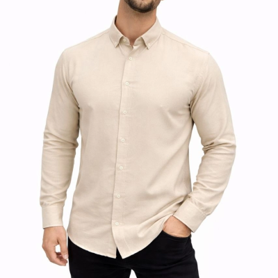 Erkek KETEN Kumaş Oversize Uzun Kollu Rahat Kalıp Gömlek - Bej
