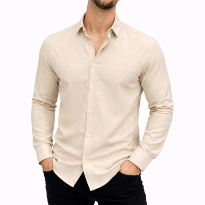 Erkek KETEN Kumaş Oversize Uzun Kollu Rahat Kalıp Gömlek - Bej