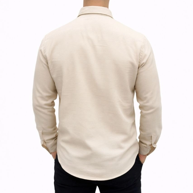 Erkek KETEN Kumaş Oversize Uzun Kollu Rahat Kalıp Gömlek - Bej