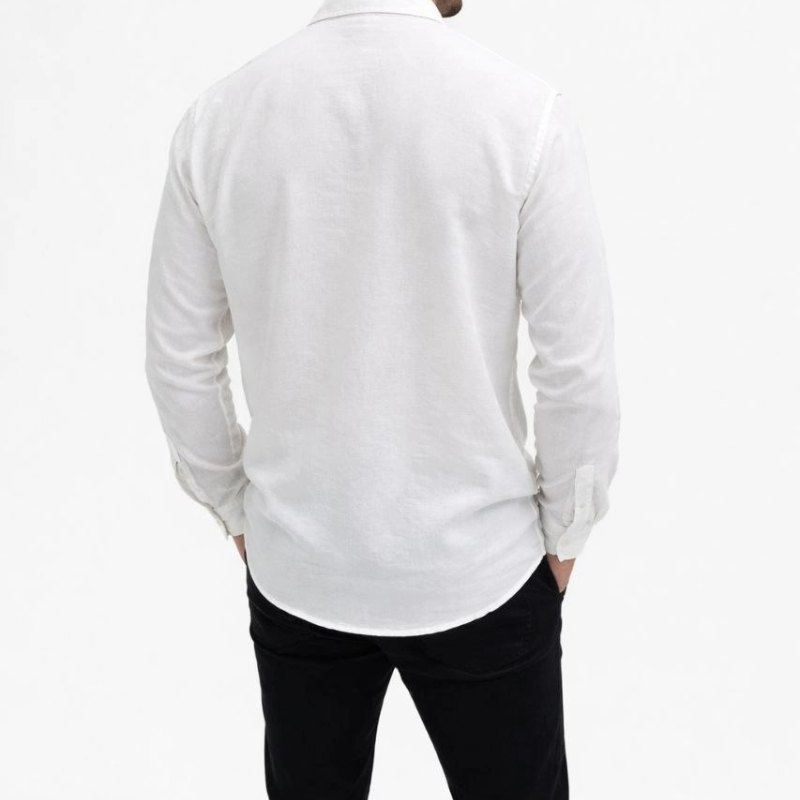 Erkek KETEN Kumaş Oversize Uzun Kollu Rahat Kalıp Gömlek - Beyaz