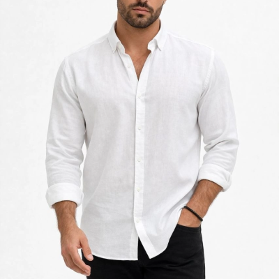 Erkek KETEN Kumaş Oversize Uzun Kollu Rahat Kalıp Gömlek - Beyaz