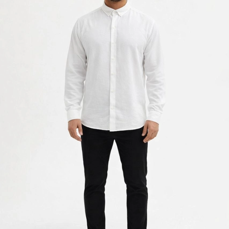 Erkek KETEN Kumaş Oversize Uzun Kollu Rahat Kalıp Gömlek - Beyaz