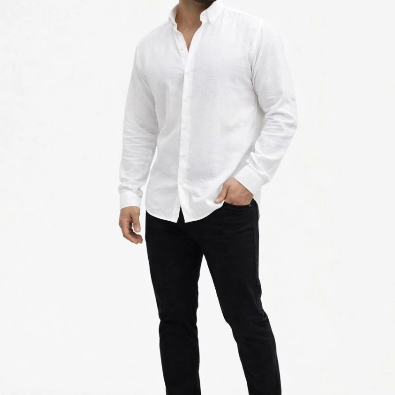 Erkek KETEN Kumaş Oversize Uzun Kollu Rahat Kalıp Gömlek - Beyaz