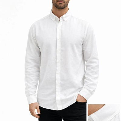 Erkek KETEN Kumaş Oversize Uzun Kollu Rahat Kalıp Gömlek - Beyaz