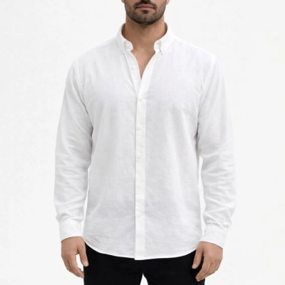 Erkek KETEN Kumaş Oversize Uzun Kollu Rahat Kalıp Gömlek - Beyaz