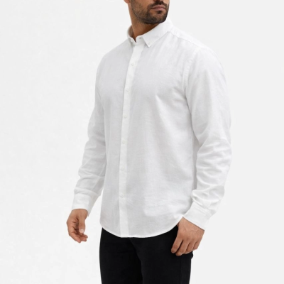 Erkek KETEN Kumaş Oversize Uzun Kollu Rahat Kalıp Gömlek - Beyaz