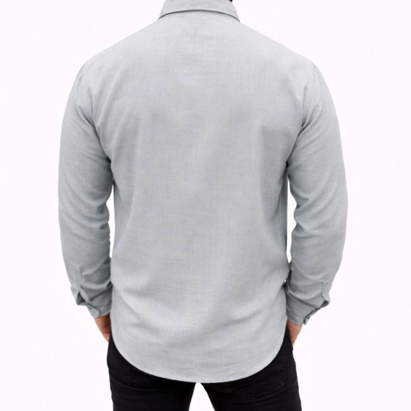 Erkek KETEN Kumaş Oversize Uzun Kollu Rahat Kalıp Gömlek - Boyalı Gri