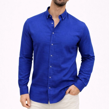 Erkek KETEN Kumaş Oversize Uzun Kollu Rahat Kalıp Gömlek - Saks Mavisi