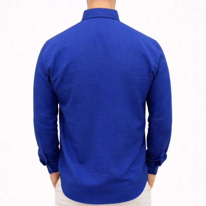 Erkek KETEN Kumaş Oversize Uzun Kollu Rahat Kalıp Gömlek - Saks Mavisi