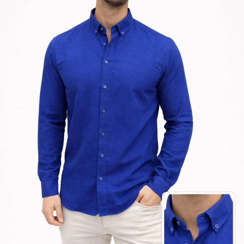 Erkek KETEN Kumaş Oversize Uzun Kollu Rahat Kalıp Gömlek - Saks Mavisi