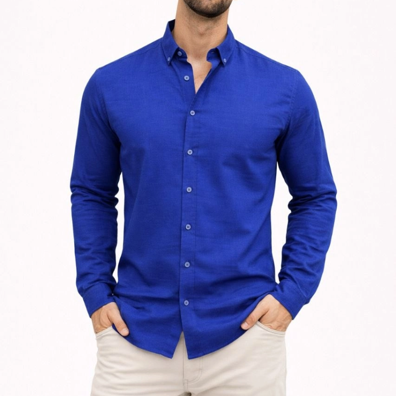 Erkek KETEN Kumaş Oversize Uzun Kollu Rahat Kalıp Gömlek - Saks Mavisi