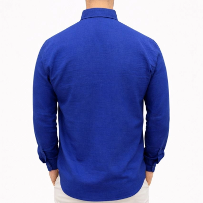 Erkek KETEN Kumaş Oversize Uzun Kollu Rahat Kalıp Gömlek - Saks Mavisi