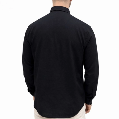 Erkek KETEN Kumaş Oversize Uzun Kollu Rahat Kalıp Gömlek - Siyah