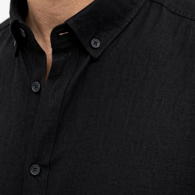 Erkek KETEN Kumaş Oversize Uzun Kollu Rahat Kalıp Gömlek - Siyah