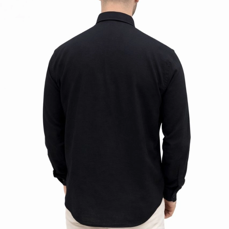 Erkek KETEN Kumaş Oversize Uzun Kollu Rahat Kalıp Gömlek - Siyah