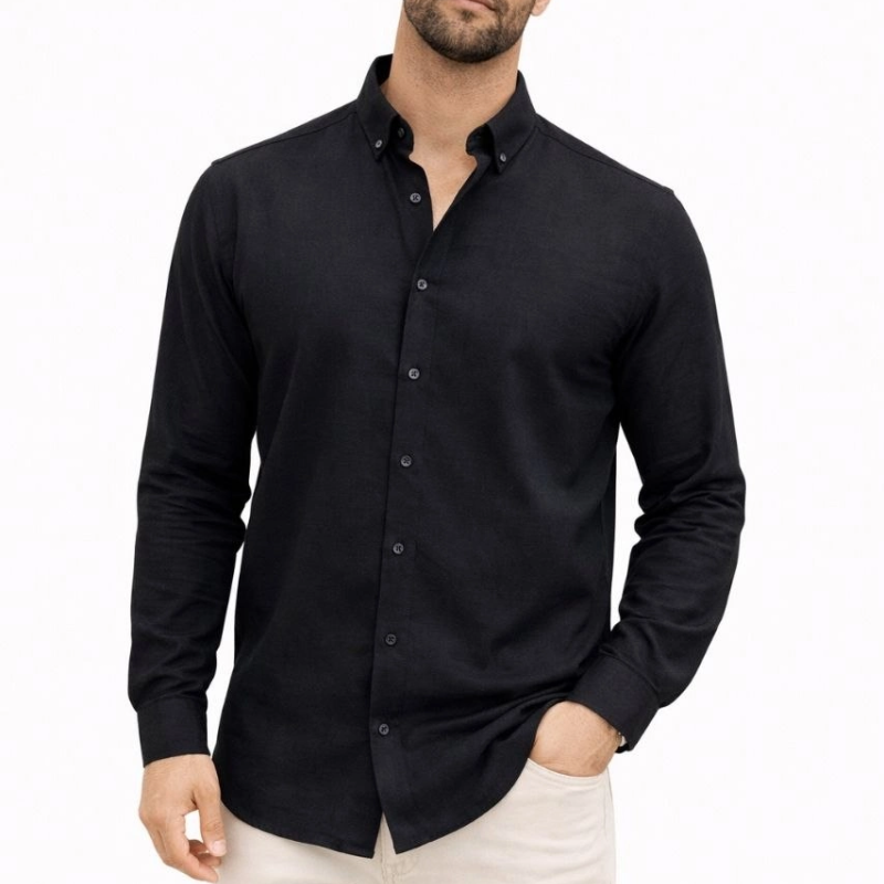 Erkek KETEN Kumaş Oversize Uzun Kollu Rahat Kalıp Gömlek - Siyah