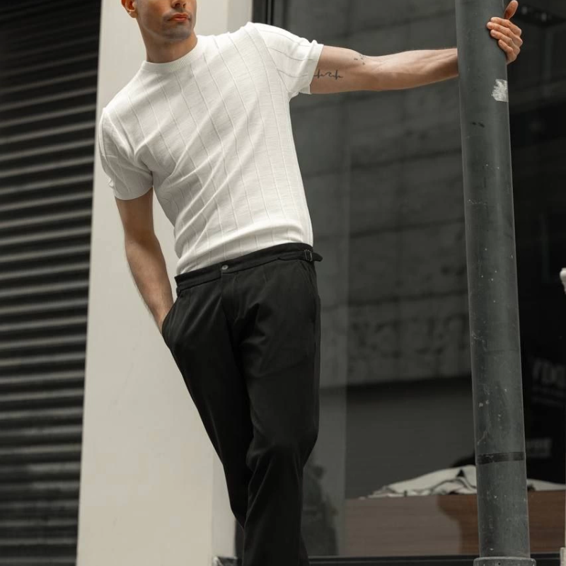 Erkek Kısa Kol Bisikilet Yaka Triko T-Shirt - Beyaz