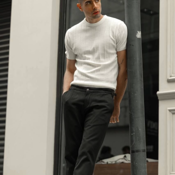 Erkek Kısa Kol Bisikilet Yaka Triko T-Shirt - Beyaz