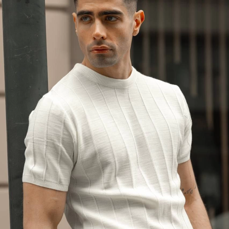 Erkek Kısa Kol Bisikilet Yaka Triko T-Shirt - Beyaz