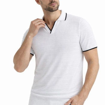 Erkek Kısa kol Fitilli Triko Polo Yaka Düğmesiz T-shirt 2'li Set Beyaz-Mint Yeşili