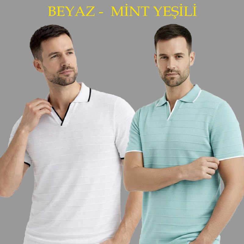 Erkek Kısa kol Fitilli Triko Polo Yaka Düğmesiz T-shirt 2'li Set Beyaz-Mint Yeşili