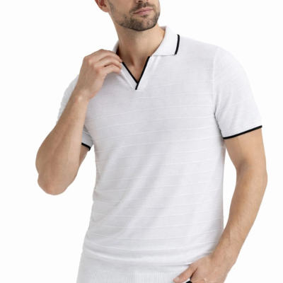 Erkek Kısa kol Fitilli Triko Polo Yaka Düğmesiz T-shirt 2'li Set Beyaz-Siyah